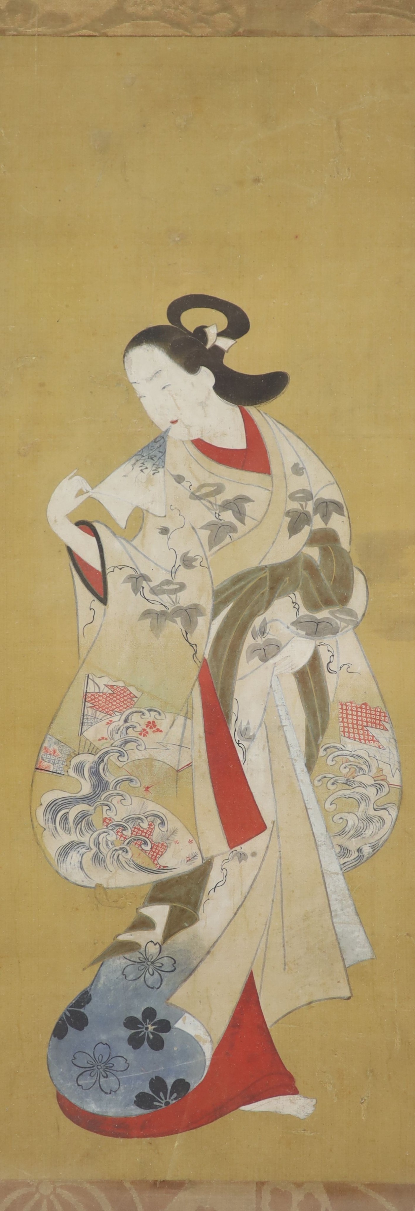 Japanese School, Edo period, painting on silk of a bijin, 61 x 21.5 cm, laid on board